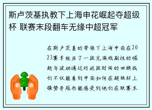 斯卢茨基执教下上海申花崛起夺超级杯 联赛末段翻车无缘中超冠军 斯卢茨基执教下上海申花崛起夺超级杯 联赛末段翻车无缘中超冠军